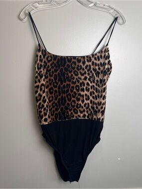 Nasty Gal Leopard-Trim Bodysuit - Black & Brown Size 8, EUC
